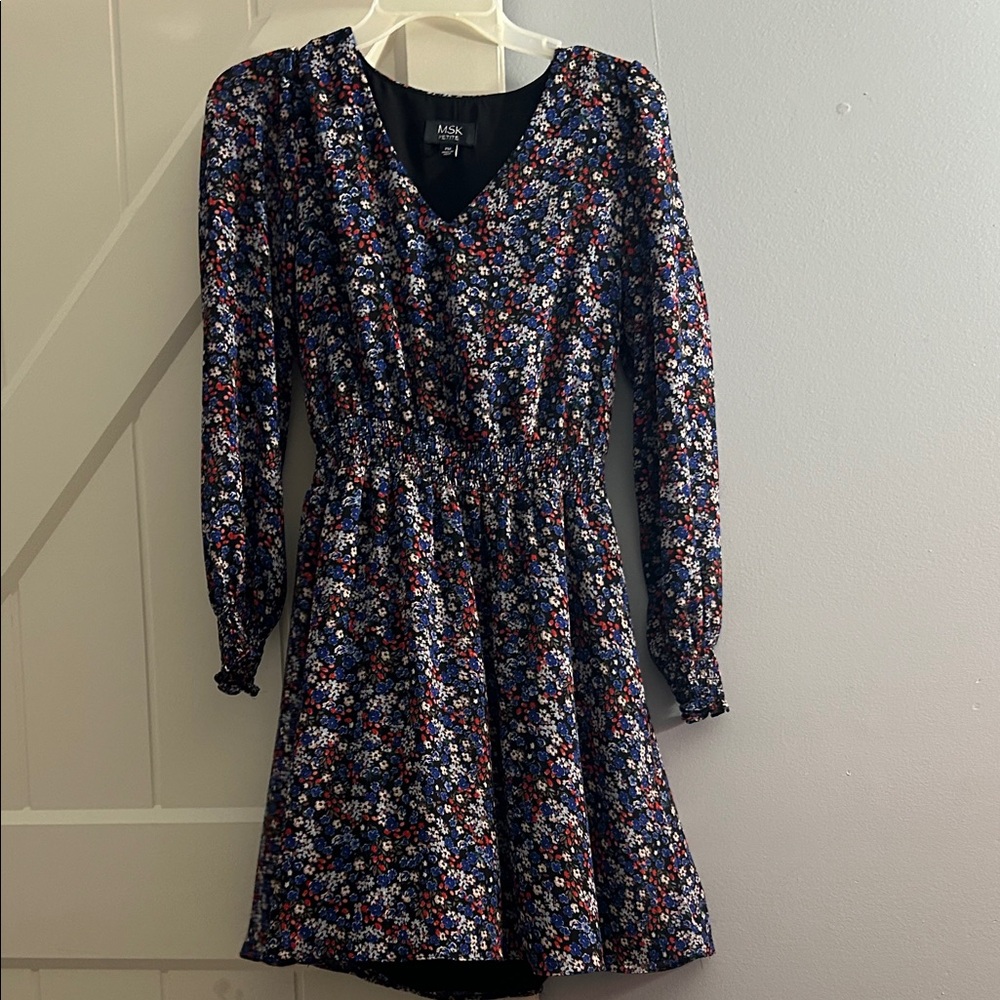 MSK Navy Floral Long Sleeve Fit-and-Flare Dress